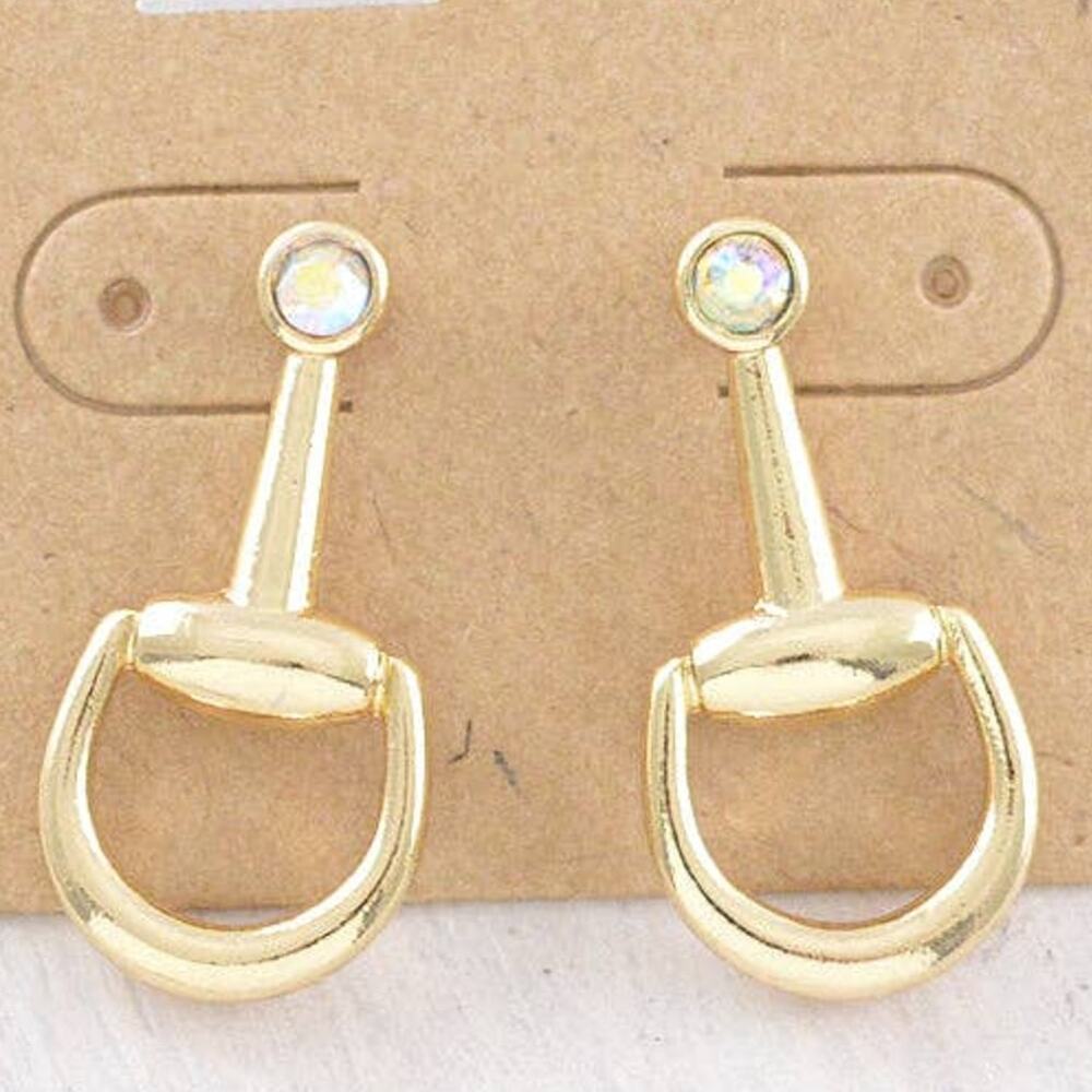 Horse Bit Drop Earrings – Gold Tone & Iridescent Accents